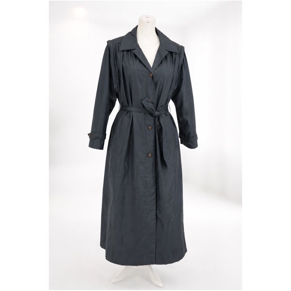 Vintage Maggie Lawrence Trench Coat 14P Black Belted Maxi Zip Out Liner Raincoat